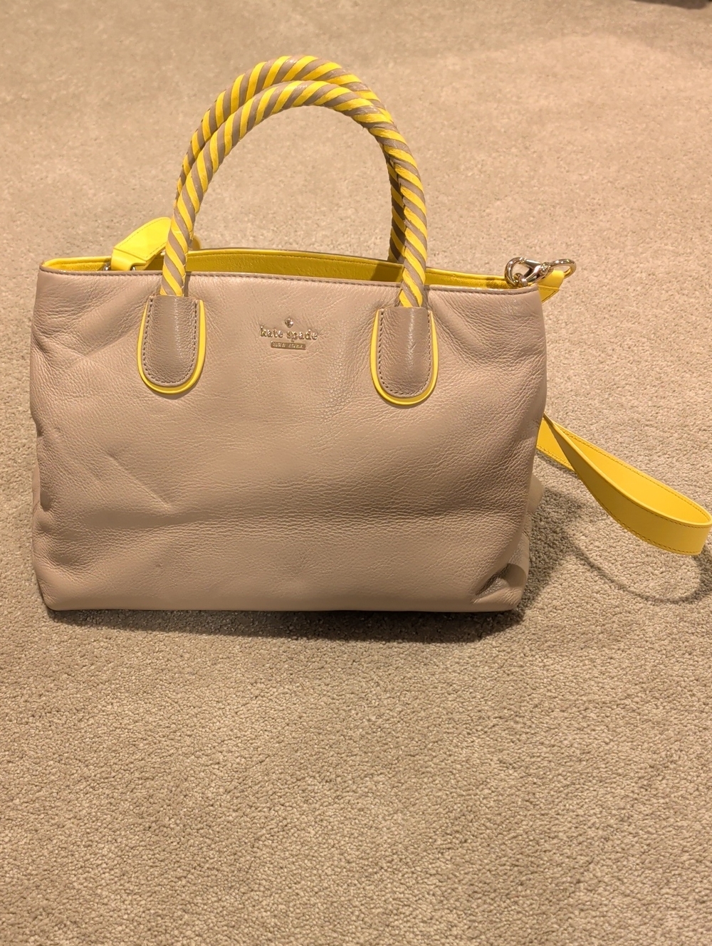 Kate Spade Leather Woods Drive Harris Satchel Taupe Yellow Twist Handles - Picture 2 of 5